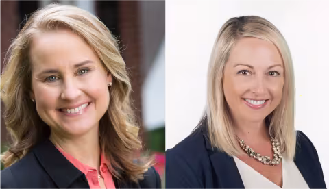 Two headshots of smiling blonde women