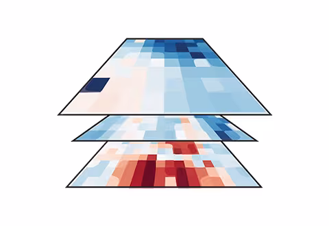 Three layered, abstract heat‑map style grids in shades of blue, red, and beige, stacked to resemble data layers or visualization panels.
