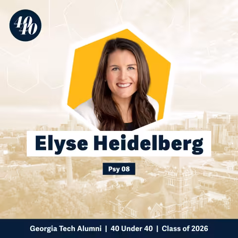 Headshot of Elyse Heidelberg with a faded background showing Georgia Tech's campus