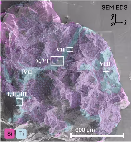 The chip, colored in large areas with purple, with blue ribbons of color. There are a total of five white rectangles on the blue areas.